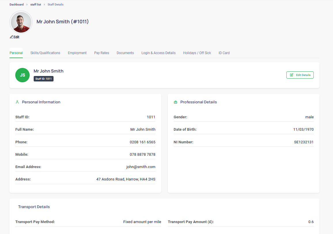Carer details management screenshot