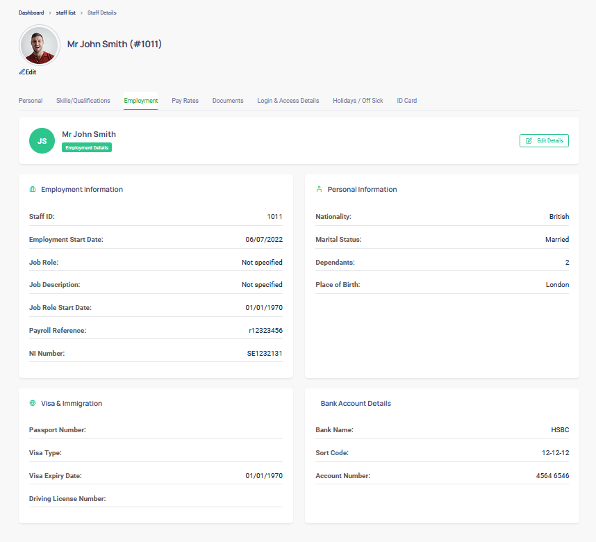 Carer employment details screenshot
