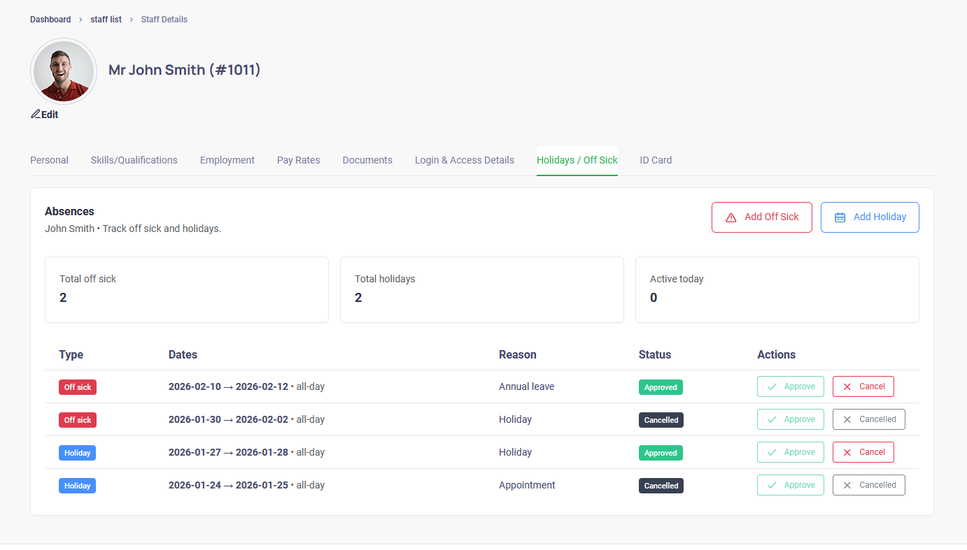 Carer holiday and availability management screenshot
