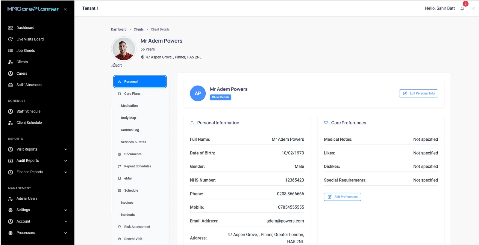 Client profile and care plan screenshot