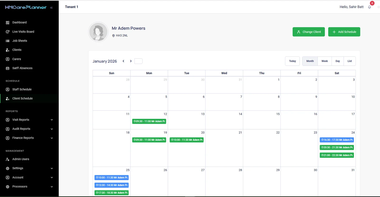 Care visit schedule screen