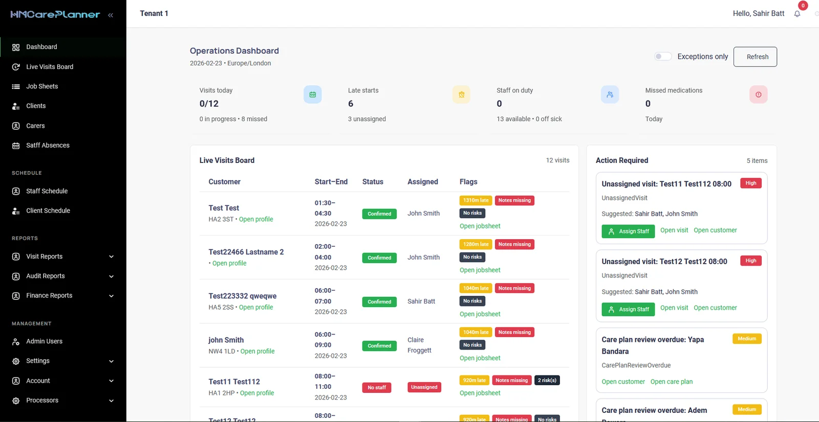 HMCarePlanner dashboard screenshot