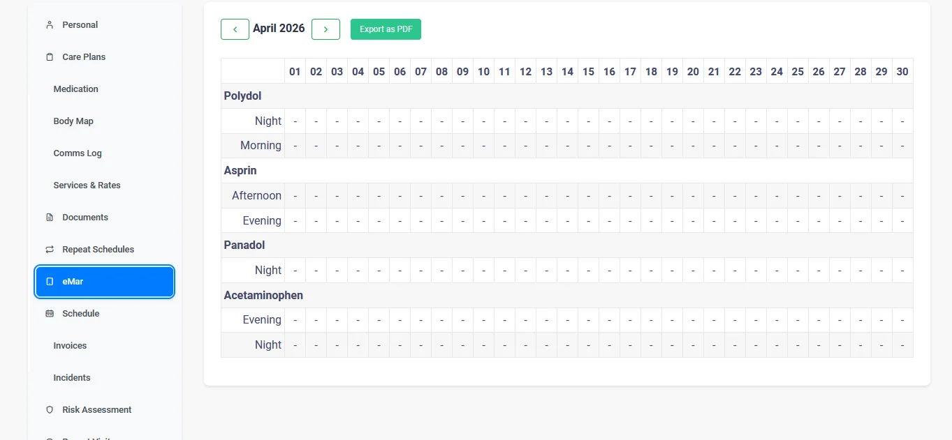 Medication administration screen