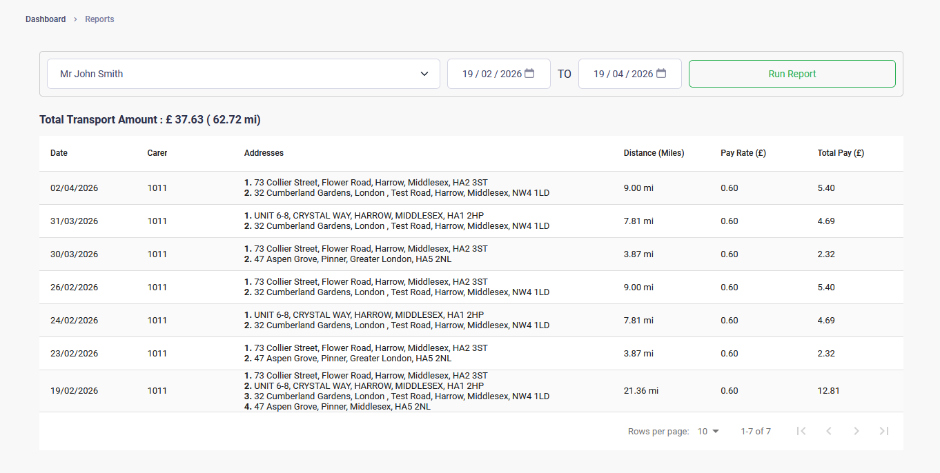 Mileage calculation and payroll reporting screenshot