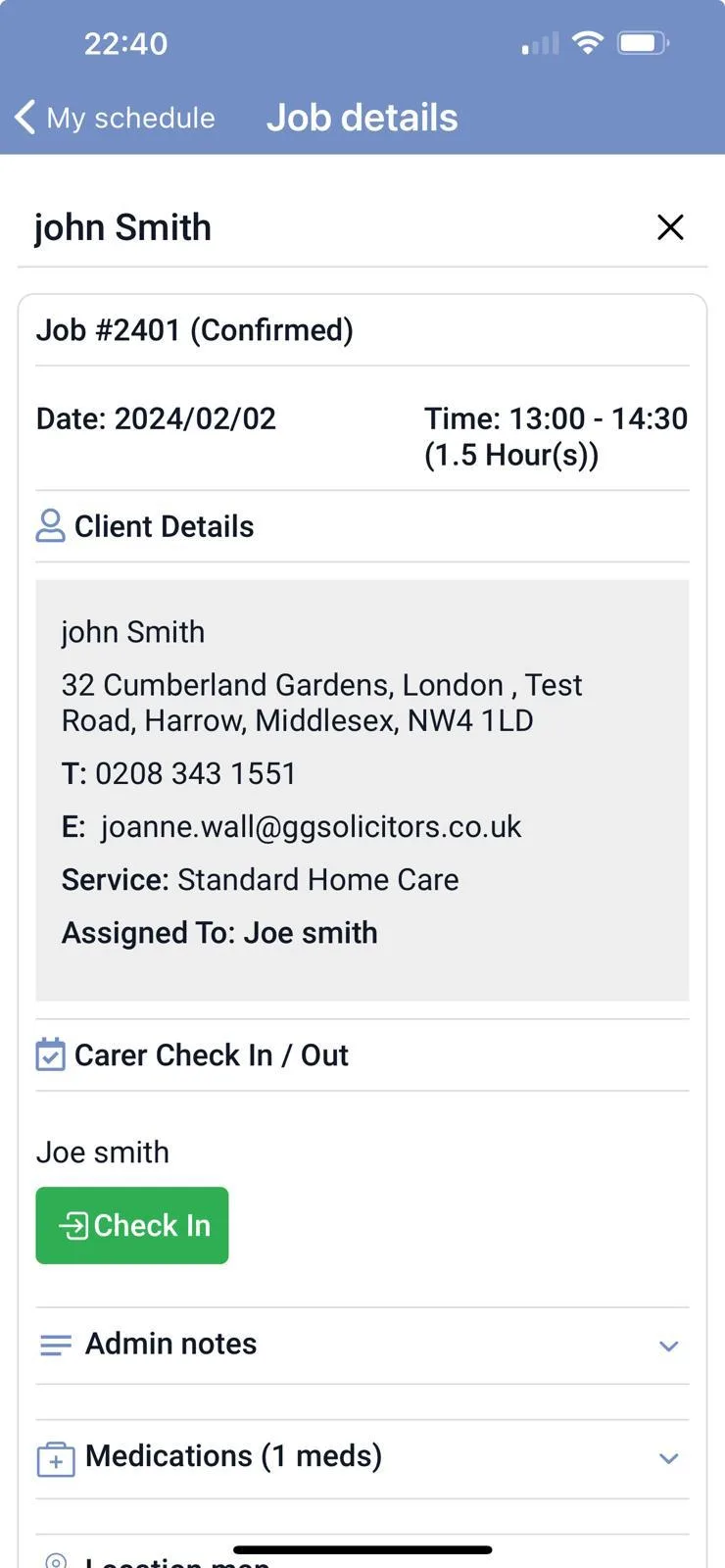 Mobile app check-in screen with geo location