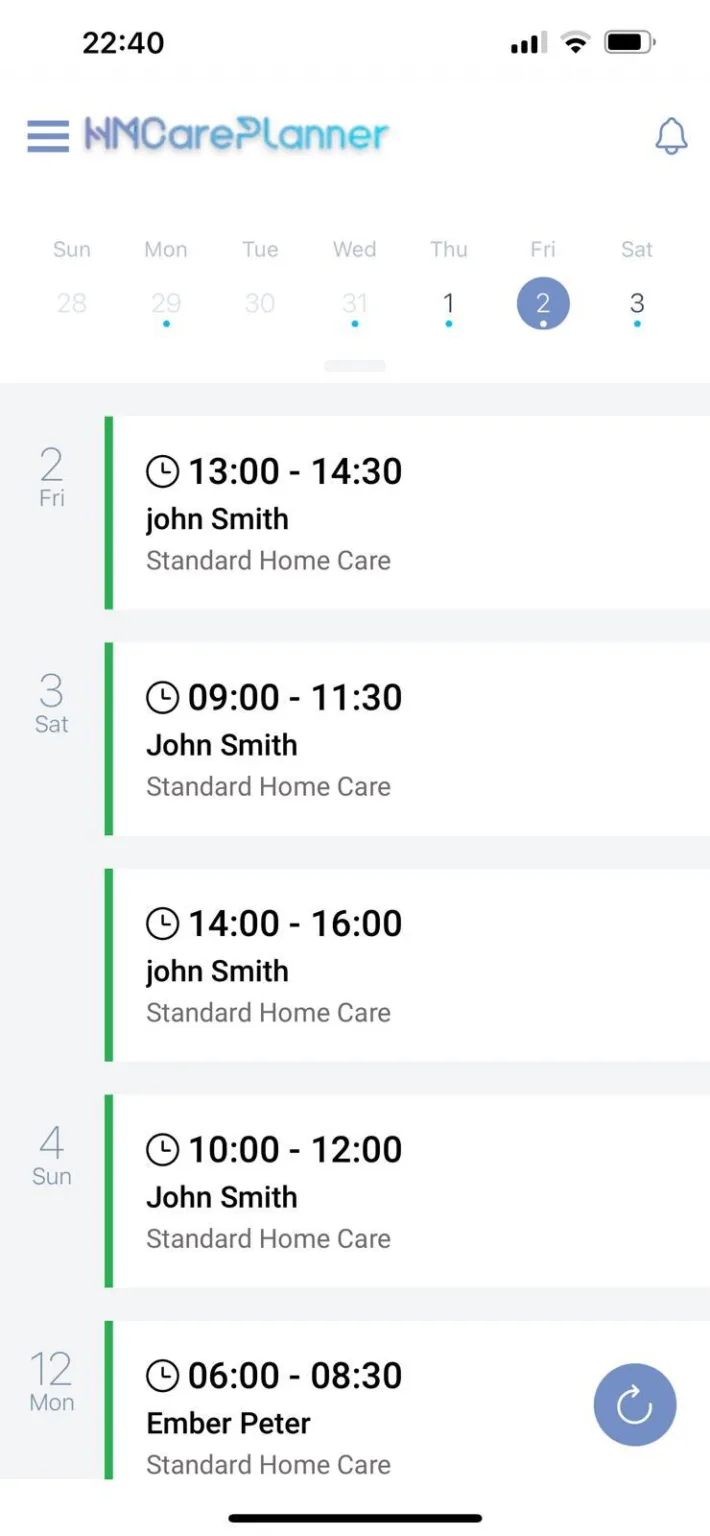 Mobile visit schedule screenshot