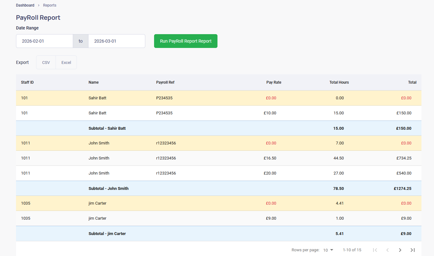 Payroll report screenshot